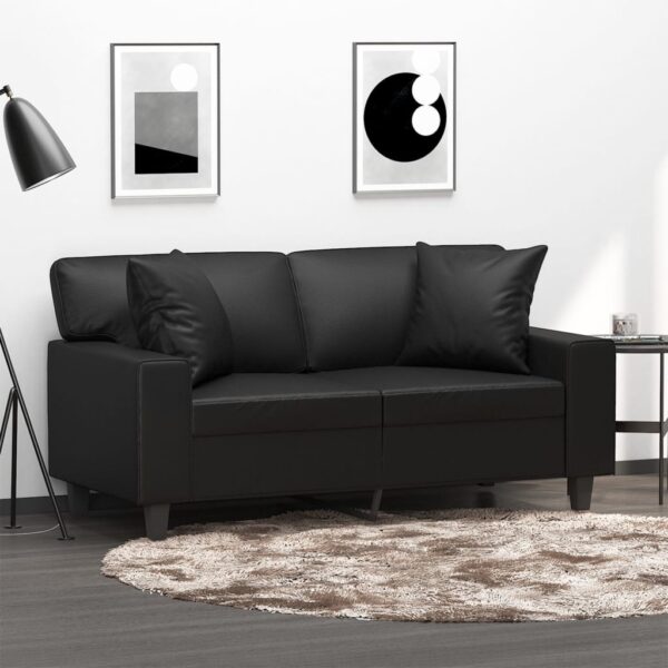 Modern Two-Seater Sofa with Throw Pillows in Black Faux Leather - Comfortable  Durable  and Easy to Clean