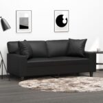 Modern Two-Seater Sofa with Throw Pillows in Black Faux Leather - Comfortable and Durable