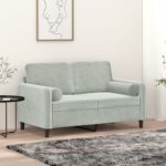 Modern Two-Seater Sofa with Throw Pillows in Light Grey Velvet - Comfortable and Sturdy