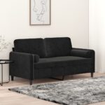 Modern Two-Seater Sofa with Throw Pillows in Black Velvet  Comfortable and Sturdy with Removable Covers