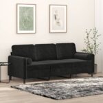 Modern Black Velvet 3-Seater Sofa with Throw Pillows  Comfortable and Sturdy  Removable Covers