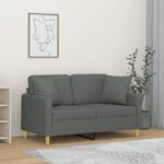 Modern 2-Seater Sofa with Throw Pillows in Dark Grey Fabric  Comfortable and Durable