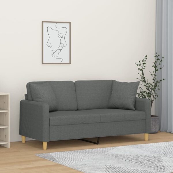 Modern Two-Seater Sofa with Throw Pillows in Dark Grey Fabric - Comfortable and Durable