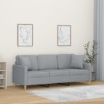 Light Grey Fabric 3-Seater Sofa with Throw Pillows  Comfortable  Durable  Modern Design