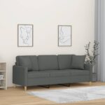 Modern Dark Grey Fabric 3-Seater Sofa with Throw Pillows  Comfortable and Durable  Easy Assembly