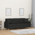 Modern Black Three-Seater Sofa with Throw Pillows  Durable Fabric  Comfortable Seating