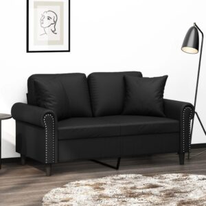 Modern Two-Seater Sofa with Throw Pillows in Black Faux Leather  Comfortable and Durable