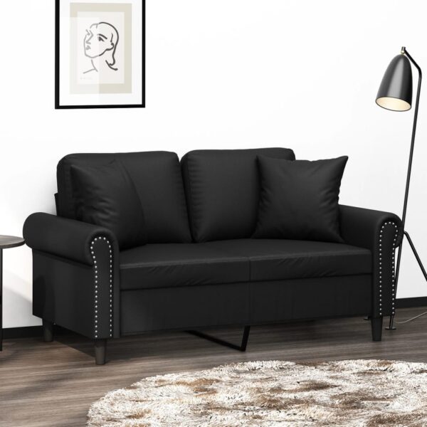 Modern Two-Seater Sofa with Throw Pillows in Black Faux Leather  Comfortable and Durable