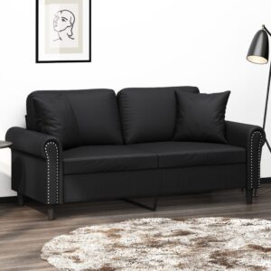 Modern 2-Seater Sofa with Throw Pillows in Black Faux Leather  Comfortable and Durable