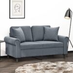 Modern Two-Seater Sofa with Throw Pillows in Dark Grey Velvet - Comfortable  Sturdy  and Luxurious