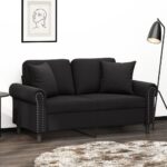 Modern 2-Seater Sofa with Throw Pillows in Black Velvet  Comfortable and Sturdy with Metal Frame