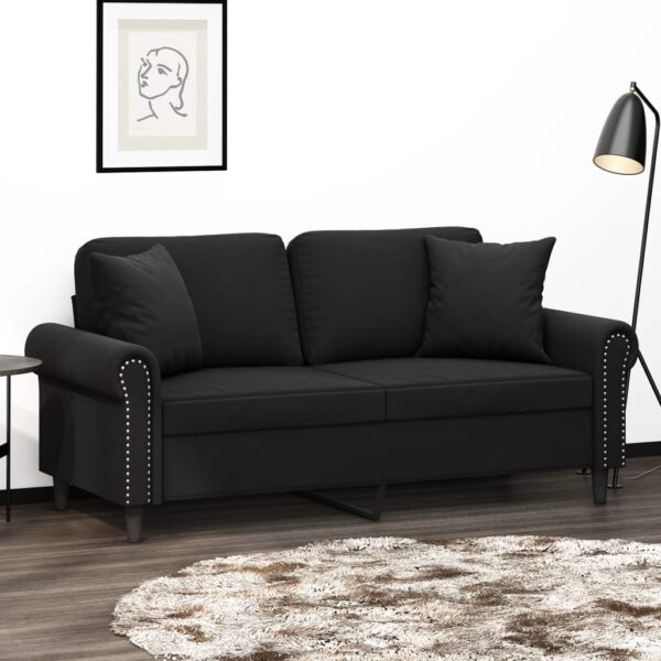 Modern Two-Seater Sofa with Throw Pillows in Black Velvet - Comfortable  Sturdy  Luxurious