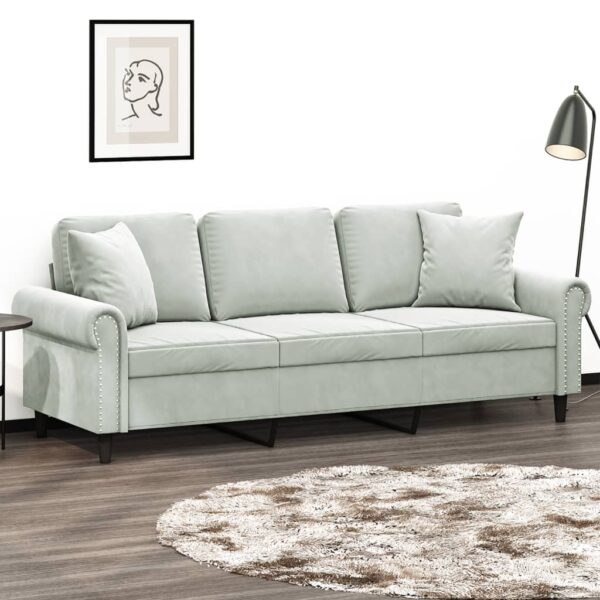 Light Grey Velvet 3-Seater Sofa with Throw Pillows  Comfortable  Sturdy  Modern Design