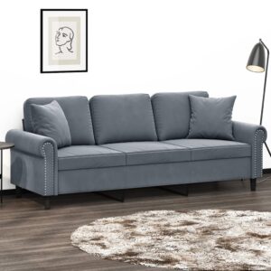 Dark Grey Velvet 3-Seater Sofa with Throw Pillows  Comfortable  Sturdy Metal Frame  Luxurious Design