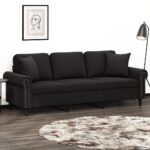 Modern 3-Seater Sofa with Throw Pillows in Black Velvet  Comfortable and Sturdy with Metal Frame