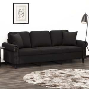 Modern 3-Seater Sofa with Throw Pillows in Black Velvet  Comfortable and Sturdy with Metal Frame