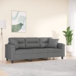 Dark Grey Three-Seater Sofa with Pillows  Microfibre Fabric  Comfortable and Durable Design