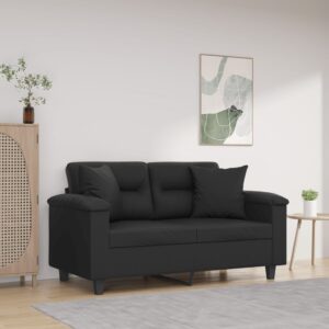 Modern Two-Seater Sofa with Throw Pillows in Black Faux Leather - Comfortable and Durable