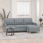 Light Grey Fabric 3-Seater Sofa with Footstool  Comfortable  Durable  Modern Design