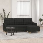 Stylish Three-Seater Sofa with Footstool in Black Fabric - Comfortable  Durable  and Versatile