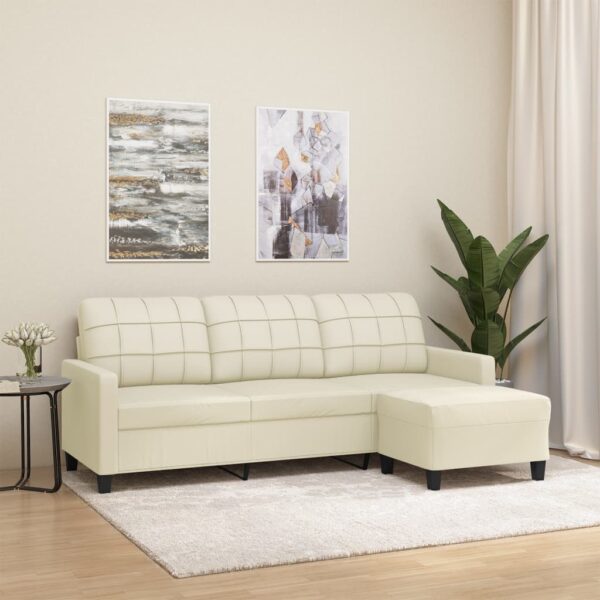 3-Seater Sofa with Footstool Cream 180 cm Faux Leather