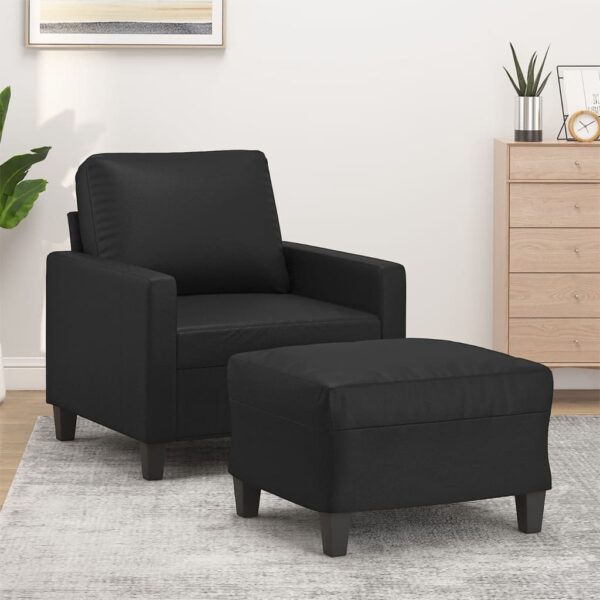 Black Faux Leather Sofa Chair and Footstool Set  Comfortable Seating  Sturdy Frame  Modern Design