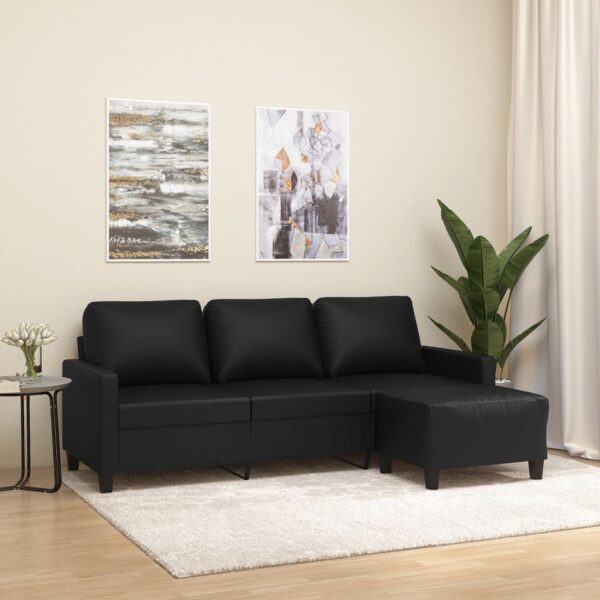 Three-Seater Sofa with Footstool in Black Faux Leather  Comfortable and Durable  Modern Design