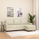 Chic Cream 3-Seater Sofa with Footstool  Faux Leather  Comfortable  Durable  Eye-Catching Design