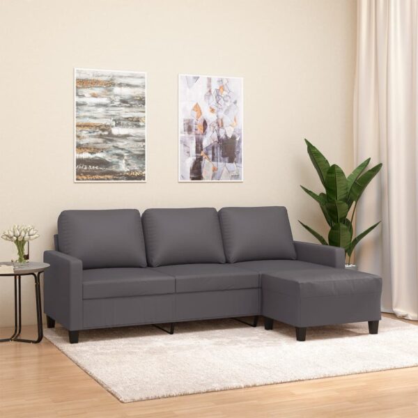 Three-Seater Sofa with Footstool in Grey Faux Leather  Comfortable and Durable  Modern Design