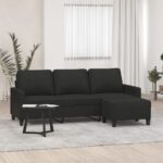 Stylish Three-Seater Sofa with Footstool in Black Fabric  Comfortable and Durable for Home Decor