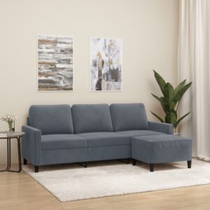 Velvet Three-Seater Sofa with Footstool in Dark Grey - Comfortable  Durable  and Stylish