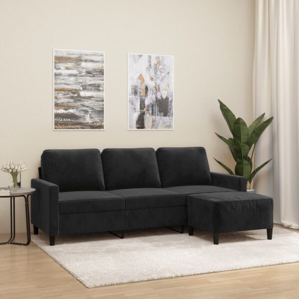 Chic Black Velvet 3-Seater Sofa with Footstool  Comfortable and Durable  Ideal for Home Decor