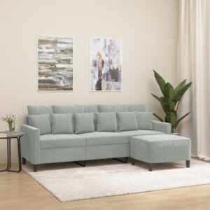 Light Grey Velvet Three-Seater Sofa with Footstool  Comfortable and Sturdy  Modern Design