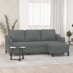 Three-Seater Sofa with Footstool in Dark Grey Fabric  Comfortable and Durable  Modern Design