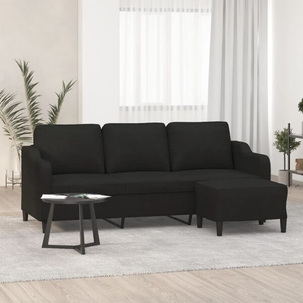 Stylish Three-Seater Sofa with Footstool in Black Fabric - Comfortable  Durable  and Versatile