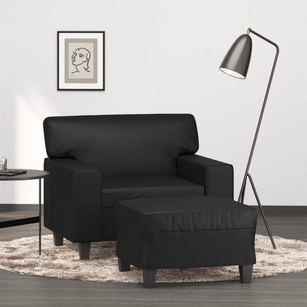 Stylish Black Faux Leather Sofa Chair with Footstool  Comfortable Seating  Sturdy Frame  Easy to Clean