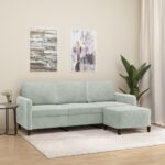 Light Grey Velvet 3-Seater Sofa with Footstool  Comfortable and Sturdy  Modern Design  Ideal for All Living Spaces