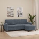 Velvet 3-Seater Sofa with Footstool in Dark Grey - Comfortable  Durable  and Stylish Living Room Furniture