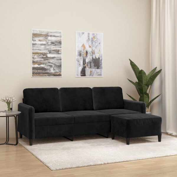 Velvet 3-Seater Sofa with Footstool in Black  Comfortable and Durable  Modern Design  Ideal for Home