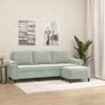 Light Grey Velvet 3-Seater Sofa with Footstool  Comfortable and Durable  Modern Design  Ideal for All Living Spaces