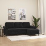 Chic Black Velvet 3-Seater Sofa with Footstool  Comfortable and Durable  Ideal for Home Decor