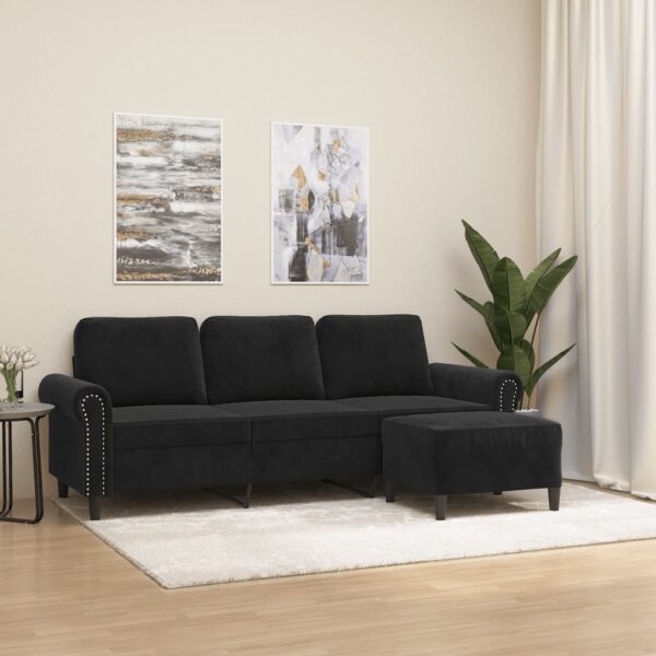 Chic Black Velvet 3-Seater Sofa with Footstool  Comfortable and Durable  Ideal for Home Decor