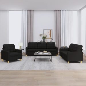 3 Piece Sofa Set with Cushions Black Fabric