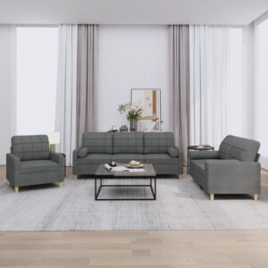 3 Piece Sofa Set with Pillows Dark Grey Fabric