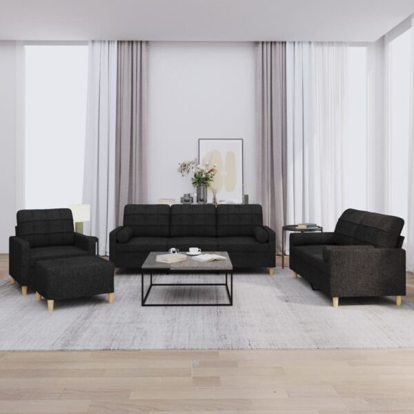 4 Piece Sofa Set with Pillows Black Fabric