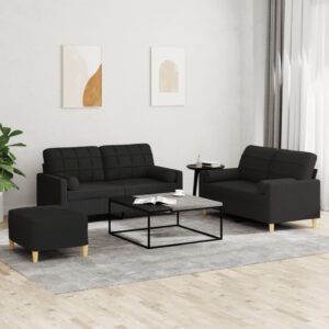 3 Piece Sofa Set with Pillows Black Fabric