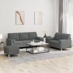 3 Piece Sofa Set with Pillows Dark Grey Fabric