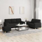 3 Piece Sofa Set with Pillows Black Fabric