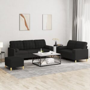 3 Piece Sofa Set with Pillows Black Fabric