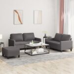 3 Piece Sofa Set with Cushions Grey Faux Leather